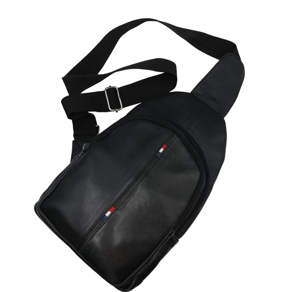 Montauk Leather Club Men's Black Leather Sling Bag Crossbody Backpack Mesh Back